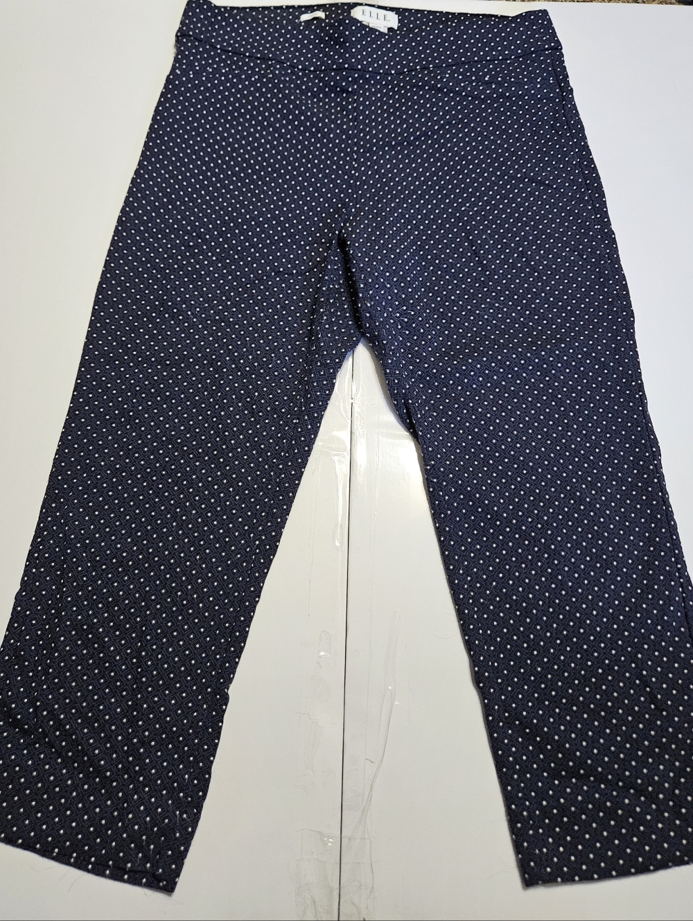 Elle Navy Blue Dot-Pattern Pull On Cropped Pants Large